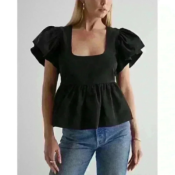 Express Women’s Black Square Neck Peplum Blouse Flutter Sleeve Size Small - Picture 3 of 9